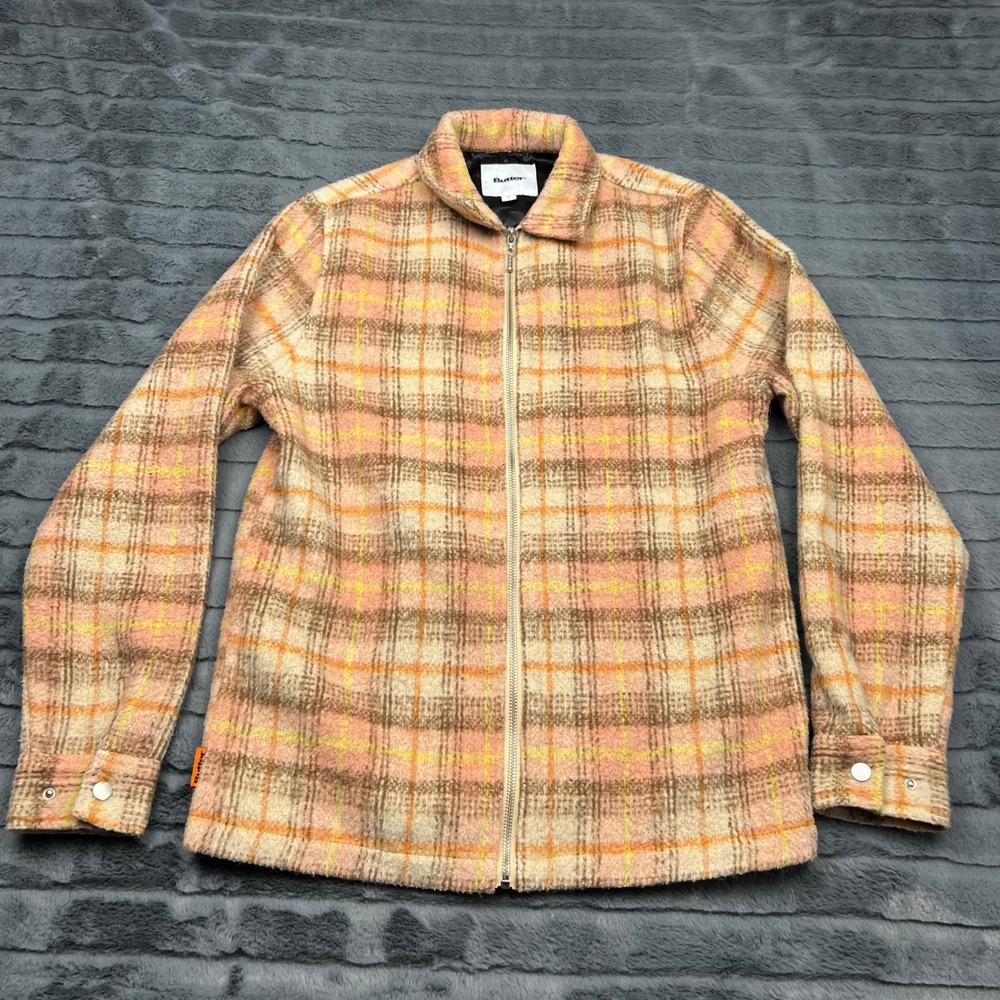 Butter Goods Plaid Zip Up Jacket Peach Brown Yellow Streetwear Mens Small 11657